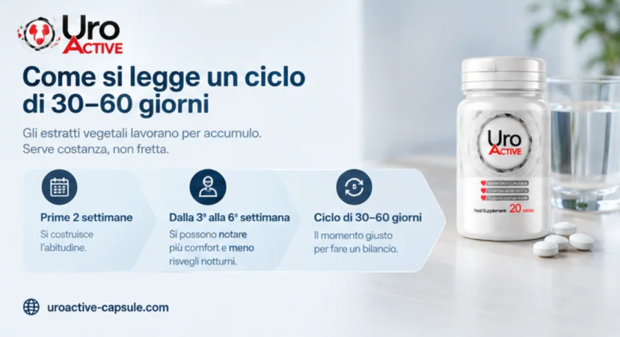 Uro Active — due capsule al giorno lungo un ciclo di 30–60 giorni
